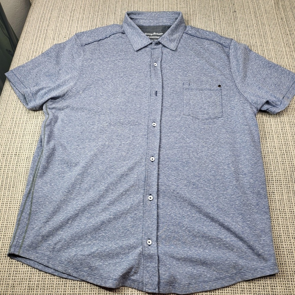 Tommy Bahama Shirt Mens XL Blue Solid Short Sleeve Button Front Casual Summer